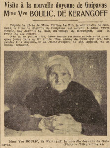 Guipavas Doyenne de la commune Le Gall Jeanne veuve Boulic Le télégramme de Brest 19 juillet 1952