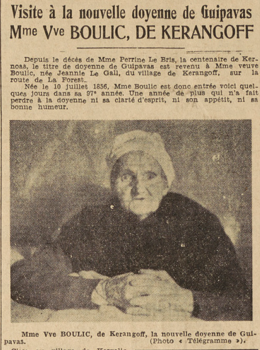 Guipavas Doyenne de la commune Le Gall Jeanne veuve Boulic Le télégramme de Brest 19 juillet 1952