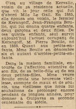 Guipavas Doyenne de la commune Mme Boulic Le télégramme de Brest 19 juillet 1952