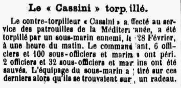 Le Cassini torpillé Samedi 10 Mars 1917 Le Progrès du Finistère