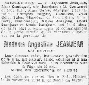 Jeanjean Augustine avis de décès Saint Hilaire