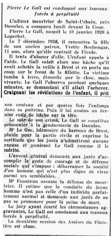 Loperhet Pierre Le Gall cour assises Finistère Le Finistère 6 Mai 1939