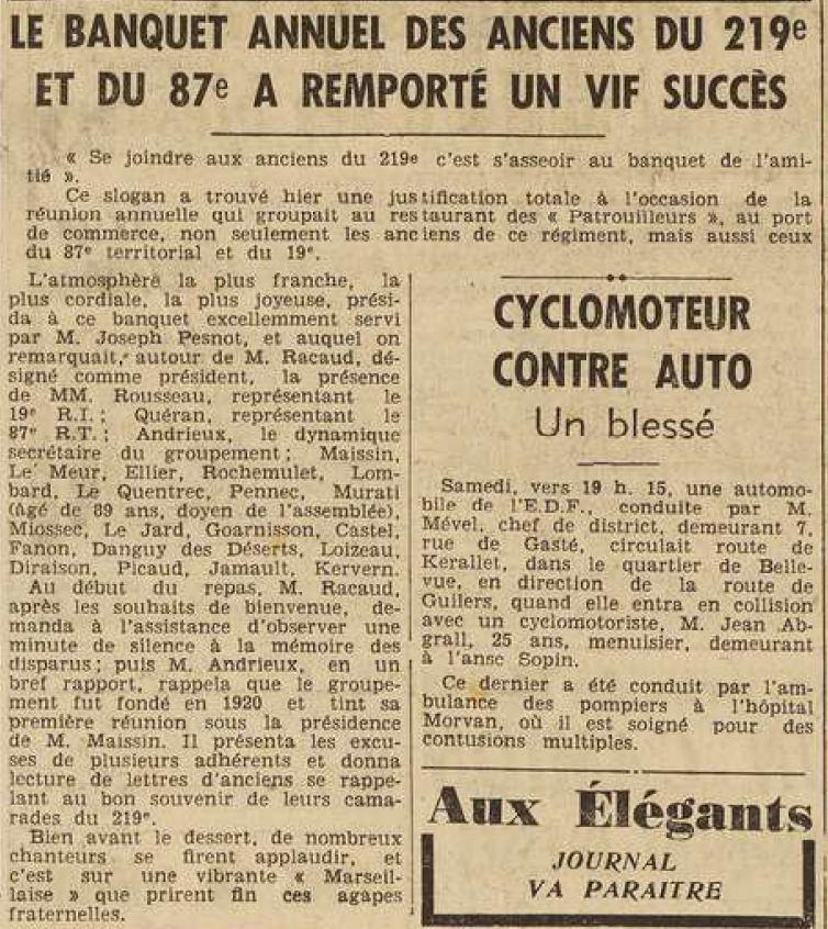 Brest anciens du 219e et 87e régiments Le Télégramme de Brest 5 Septembre 1955