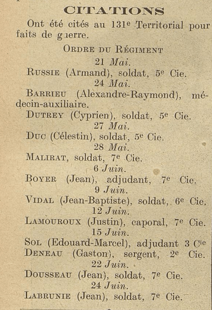 Citations pour faits de guerre 131e Territorial ECHO des GOURBIS juillet 1917