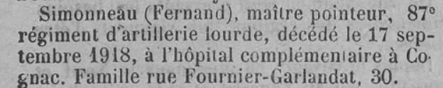 Simonneau Fernand Ere Nouvelle des Charentes 10 Janvier 1919