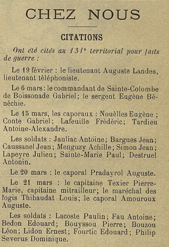 citations 131e territorial L'Echo des Gourbis Avril 1916