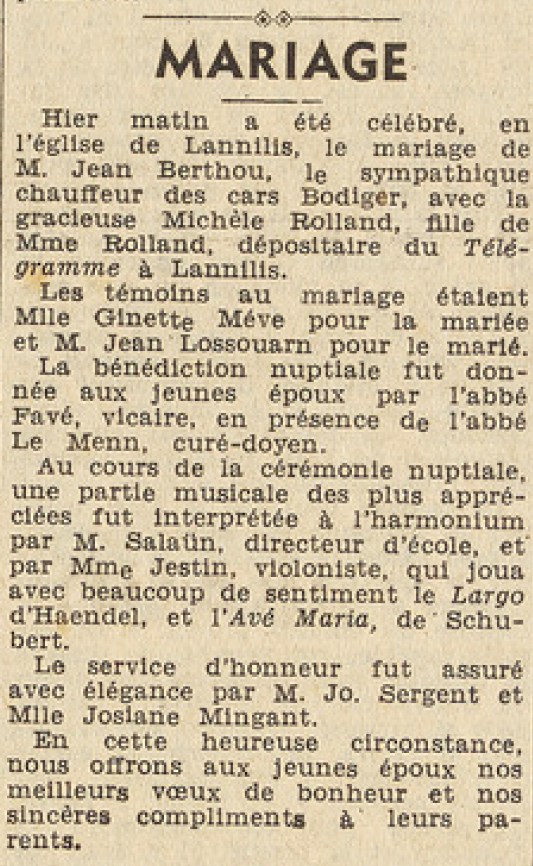 Lannilis Mariage Berthou Jean chauffeur de cars avec Rolland Michèle Le Télégramme 25 mai 1955