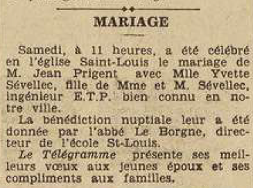 Brest Mariage Prigent Jean Sévellec Yvette Le Télégramme de Brest 1 Août 1955