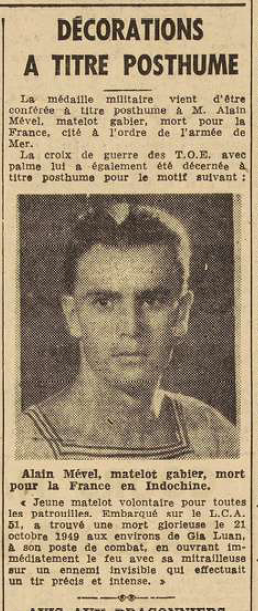 Brest Mével Alain décoration a titre posthume Le Télégramme de Brest 1 septembre 1955