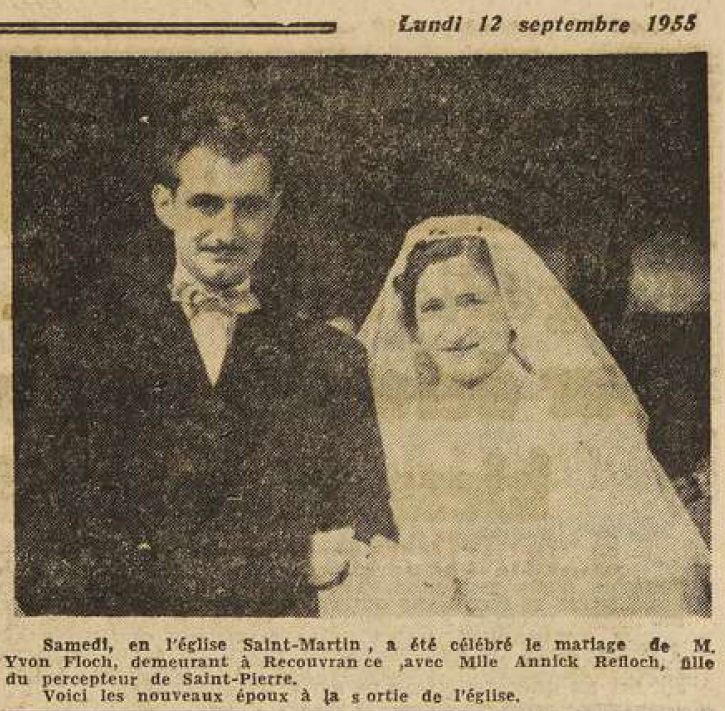 Brest Saint-Martin Mariage Floch Yvon avec Refloch Annick Le Télégramme de Brest 12 Septembre 1955
