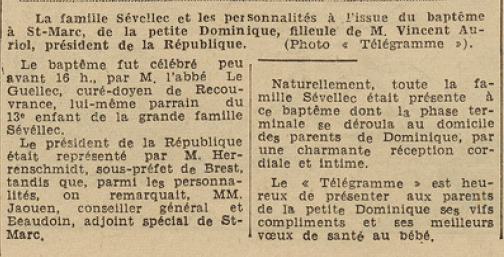 Brest Sévellec Dominique 14e efant d'une grande famille Le Télégramme de Brest 11 août 1952