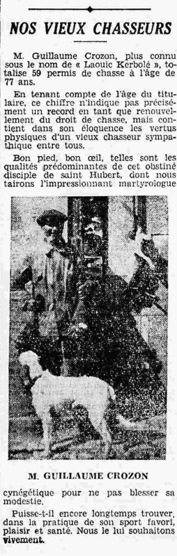 Châteaulin Crozon Guillaume vieux chasseur 77 ans Le Petit Breton 11 octobre 1936