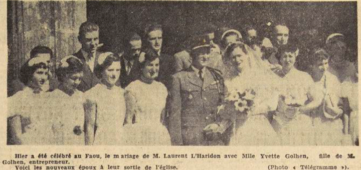 Faou Mariage L'Haridon Laurent avec Golhen Yvette Le Télégramme de Brest 8 Septembre 1955