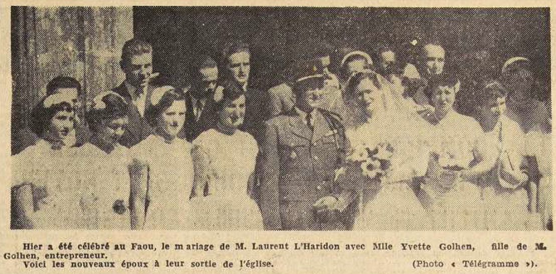 Faou Mariage L'Haridon Laurent avec Golhen Yvette Le Télégramme de Brest 8 Septembre 1955