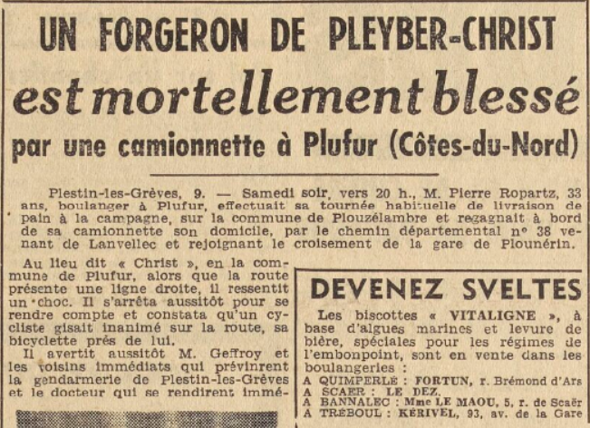 Guerlesquin Pleyber-Christ Thomas André Le Télégramme de Brest 10 Janvier 1955