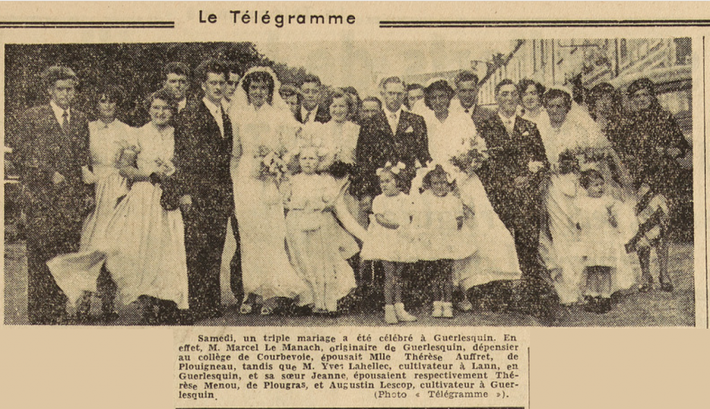 Guerlesquin Triple mariage Le Télégramme de Brest 11 août 1952