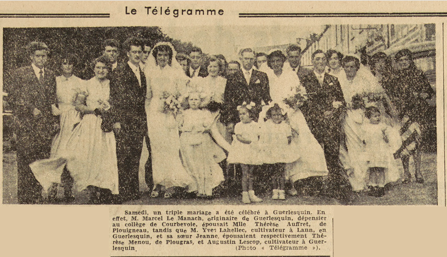 Guerlesquin Triple mariage Le Télégramme de Brest 11 août 1952