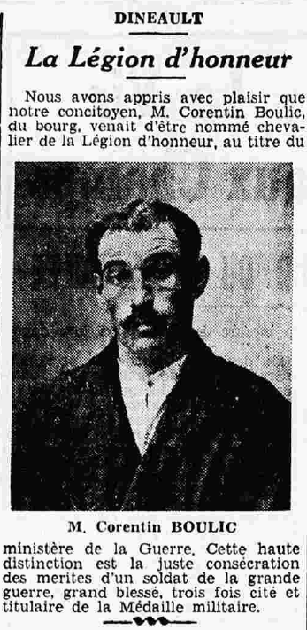 Dinéault Légion d'honneur Boulic Corentin Le Petit Breton 3 novembre 1935