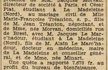 Landivisiau Mariage Tréanton Marie-Françoise Le Marc'hadour Jacques Le Télégramme de Brest 1 septembre 1955