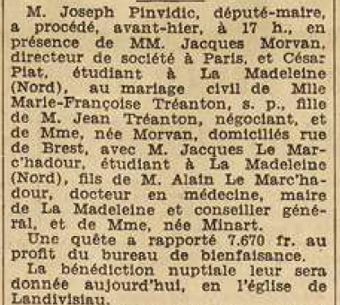 Landivisiau Mariage Tréanton Marie-Françoise Le Marc'hadour Jacques Le Télégramme de Brest 1 septembre 1955