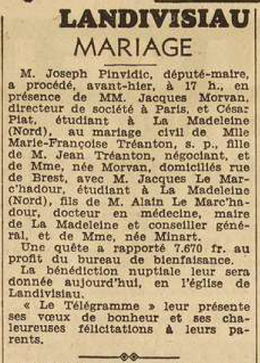 Landivisiau Mariage Tréanton Marie-Françoise Le Marc'hadour Jacques Le Télégramme de Brest 1 septembre 1955