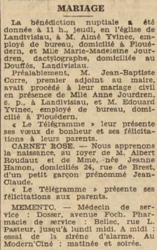 Landivisiau Mariage Yvinec Jourdren Le Télégramme de Brest 20 Août 1955