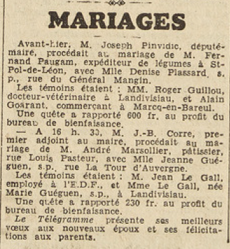 Landivisiau Mariages Paugam Fernand avec Plassard Denise et Marsollier André avec Guéguen Jeanne Le Télégramme 5 août 1953