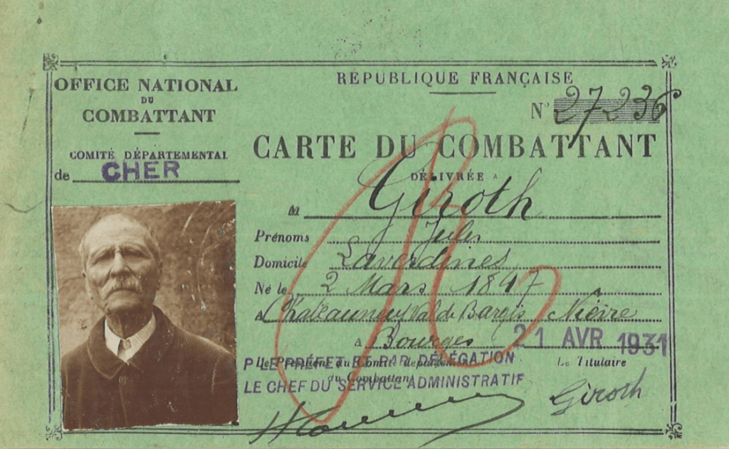 Carte ancien combattant Giroth Jules