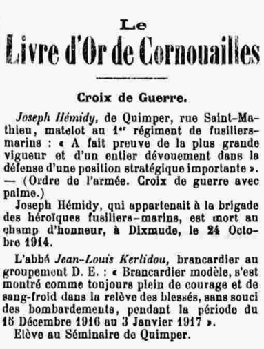 Livre d'Or de Cornouaille Croix de guerre Samedi 3 Mars 1917 Le Progrès du Finistère
