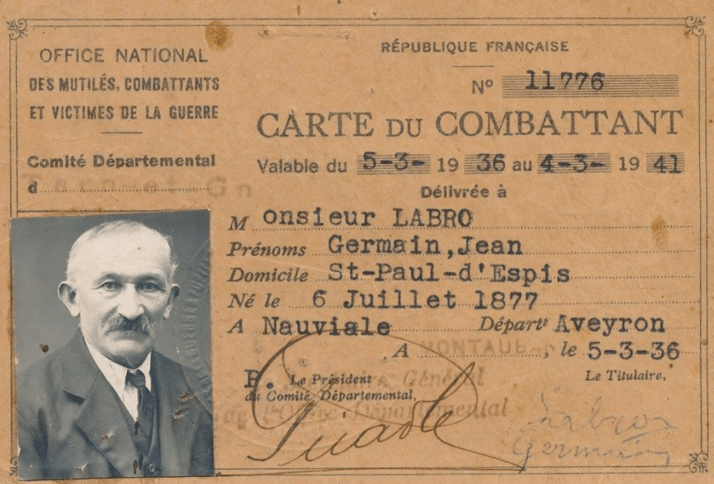 Carte du combattant Labro Germain Jean 1936