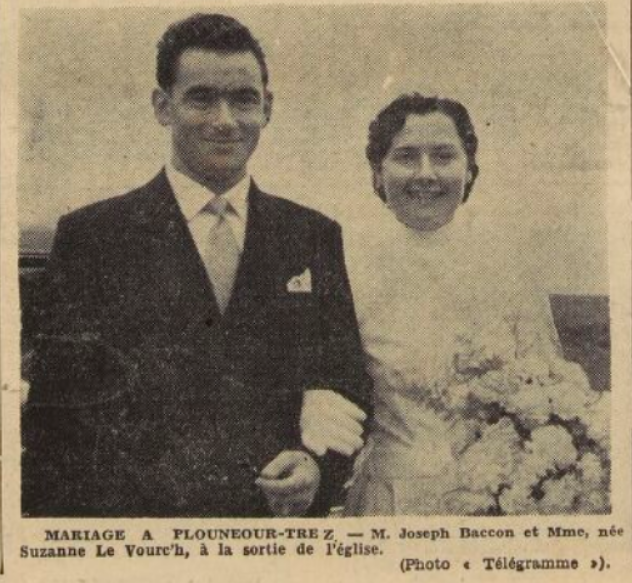Le Télégramme de Brest et de l'Ouest 1955-11-21 Plouneour-Trez mariage Joseph Bacon Le Vourc'h Suzanne