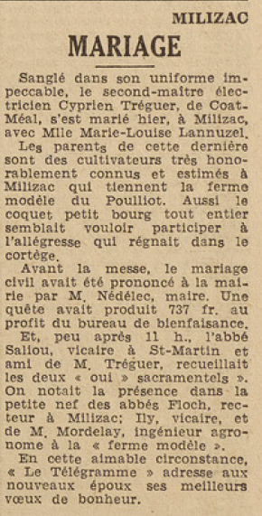 Milizac Mariage Tréguer Cyprienavec Lannuzel Marie-Louise Le Télégramme du 17 Juillet 1952