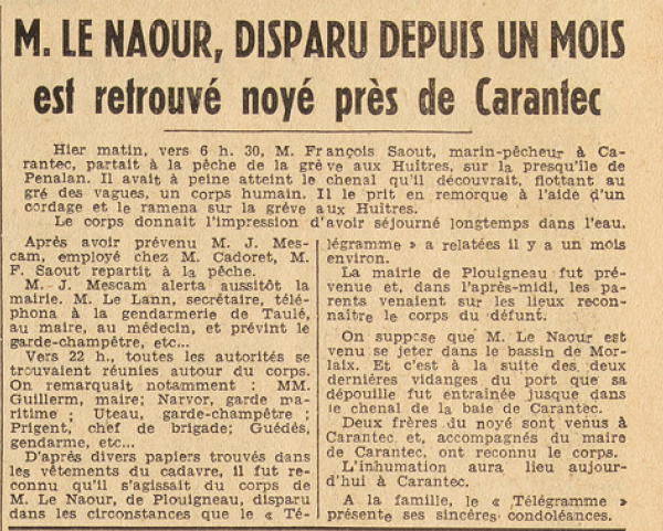 Plouigneau Le Naour Le Télégramme de Brest 17 Janvier 1953
