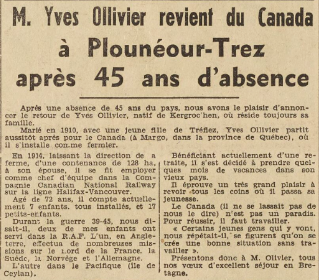 Plounéour-Trez Ollivier Yves Le Télégramme de Brest 20 Août 1955