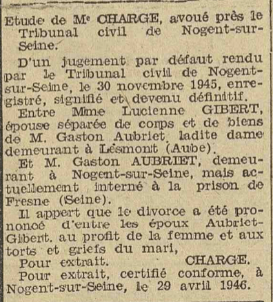 Avis de divorce Gibert Lucienne Aubriet Gaston 1946
