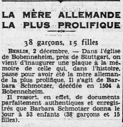 Mère de 53 enfants Bobenneheim Allemagne