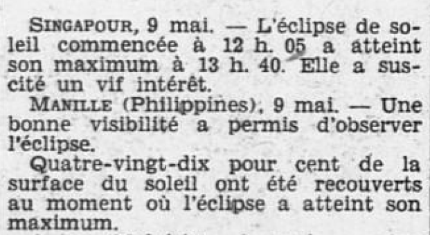 Singapour Eclipse de soleil Ouest-Éclair 10 mai 1929