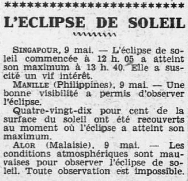 Singapour Eclipse de soleil Ouest-Éclair 10 mai 1929