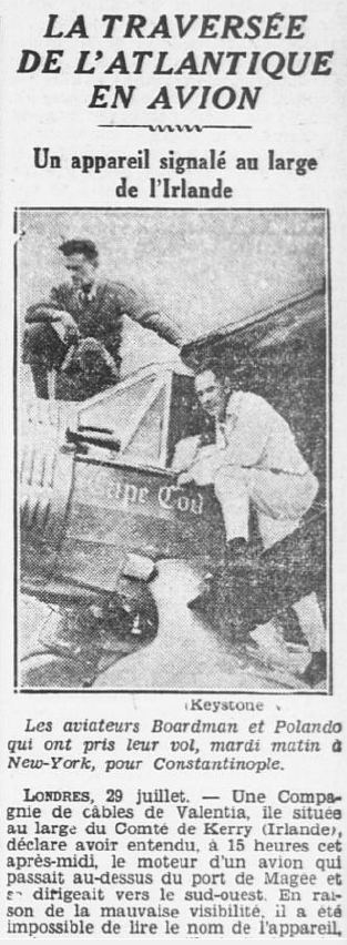 Traversée Atlantique Boardman Polando Ouest-Éclair 30 juillet 1931