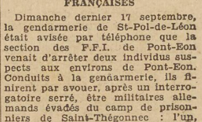 Deux évadés Allemands St-Pol-de-Léon Le Télégramme 19 Septembre 1944