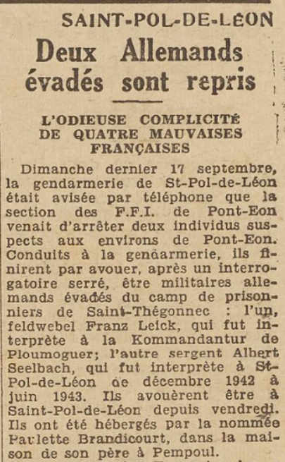Deux évadés Allemands St-Pol-de-Léon Le Télégramme 19 Septembre 1944