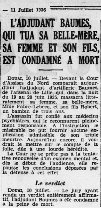 Douai Adjudant d'artillerie Baumes Ouest-Éclair 11 juillet 1936
