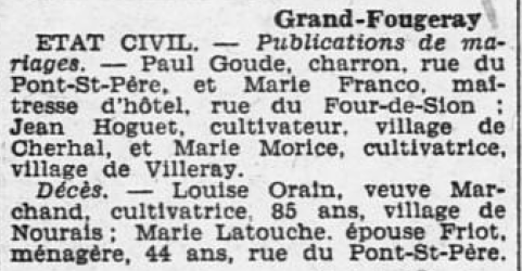 Grand-Fougeray état civil Ouest-Éclair 2 Janvier 1931