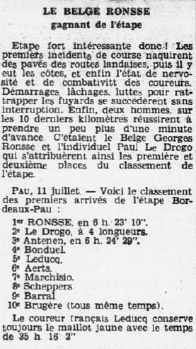 Tour de France 1932 Ronsse georges coureur belge gagnant étape Bordeaux Pau