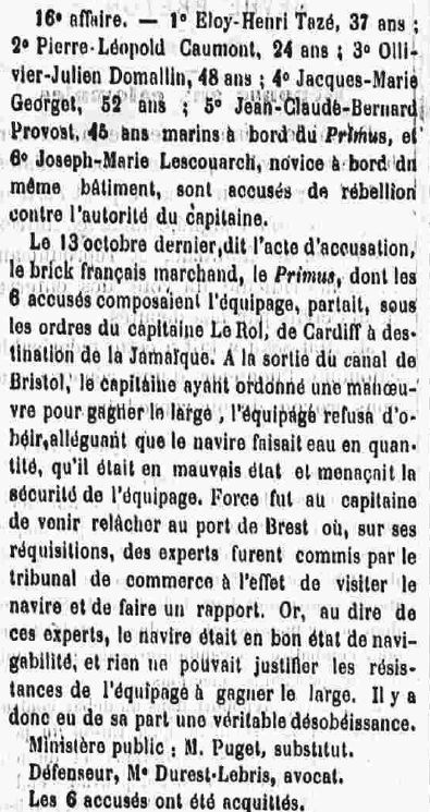 16e affaire de la Cour d'Assise rébellion contre l'autorité du capitaine Le Finistère 2 Février 1876