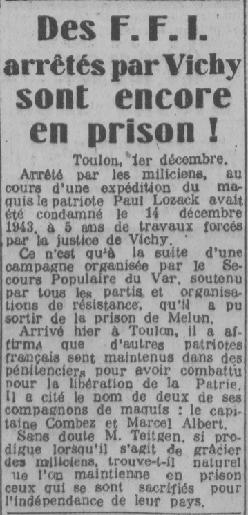 F.F.I arrêtés par Vichy en prison Echo du Centre 2 Décembre 1946