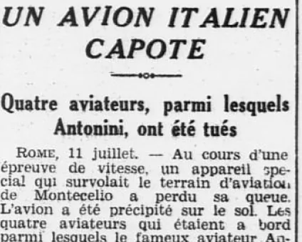 Mort de l'aviateur italien Antonini Ouest-Éclair 12 juillet 1934