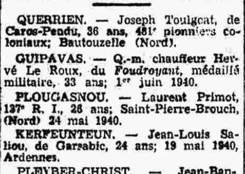 Morts pour la France Le Courrier du Finistère 17 Janvier 1942
