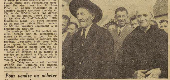 Plouvien Noces d'Or Louis Floch et Boucher Ludoviène Le Télégramme de Brest 12 septembre 1955
