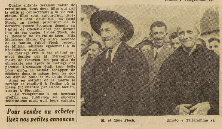 Plouvien Noces d'Or Louis Floch et Boucher Ludoviène Le Télégramme de Brest 12 septembre 1955